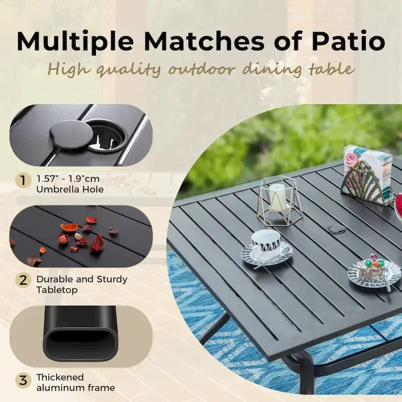 Ensemble de salle à manger d'extérieur 5 pièces, comprenant 4 chaises pivotantes à assise suspendue et une table carrée multifonctionnelle en métal de 94 cm (37 po) avec trou pour parasol de 4 cm (1,57 po), utilisable à l'intérieur comme à l'extérieur.