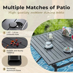 Ensemble de salle à manger d'extérieur 5 pièces, comprenant 4 chaises pivotantes à assise suspendue et une table carrée multifonctionnelle en métal de 94 cm (37 po) avec trou pour parasol de 4 cm (1,57 po), utilisable à l'intérieur comme à l'extérieur.
