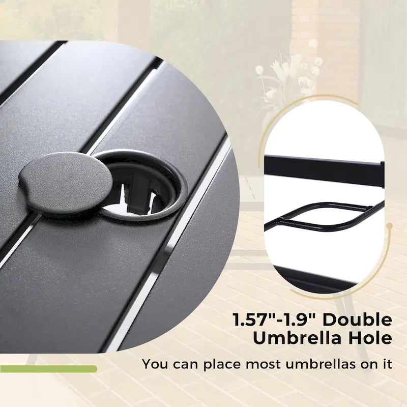 Ensemble de salle à manger d'extérieur 5 pièces, comprenant 4 chaises pivotantes à assise suspendue et une table carrée multifonctionnelle en métal de 94 cm (37 po) avec trou pour parasol de 4 cm (1,57 po), utilisable à l'intérieur comme à l'extérieur.