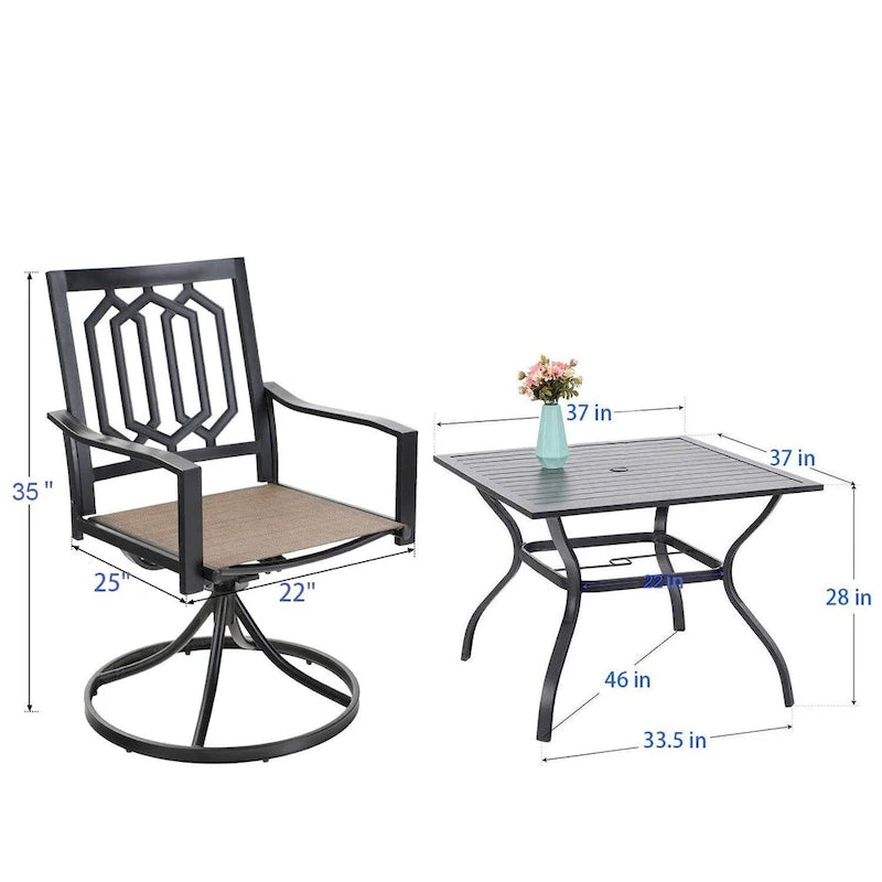 Ensemble de salle à manger d'extérieur 5 pièces, comprenant 4 chaises pivotantes à assise suspendue et une table carrée multifonctionnelle en métal de 94 cm (37 po) avec trou pour parasol de 4 cm (1,57 po), utilisable à l'intérieur comme à l'extérieur.
