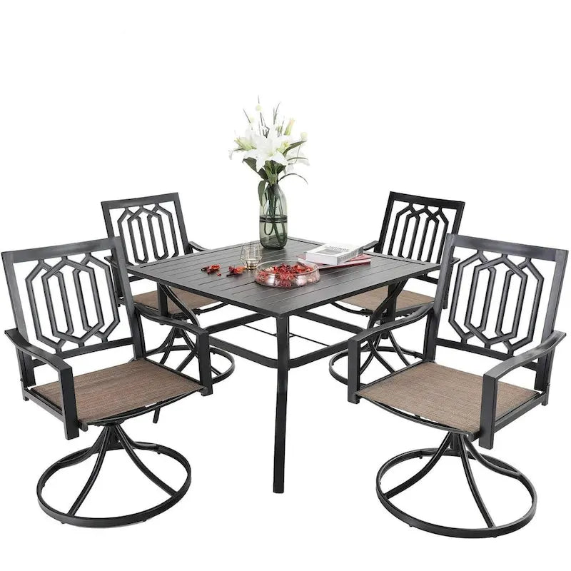 Ensemble de salle à manger d'extérieur 5 pièces, comprenant 4 chaises pivotantes à assise suspendue et une table carrée multifonctionnelle en métal de 94 cm (37 po) avec trou pour parasol de 4 cm (1,57 po), utilisable à l'intérieur comme à l'extérieur.