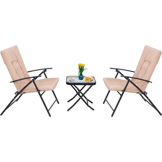 Ensemble de salle à manger bistro pliant 3 pièces pour patio, comprenant 2 chaises inclinables pliantes avec coussin et 1 table pliante en verre