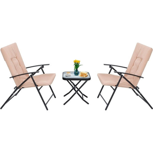3-Piece Folding Patio Bistro Dining Set, Furniture Set with 2 Folding Reclining Chairs with Cushion and 1 Folding Glass Table