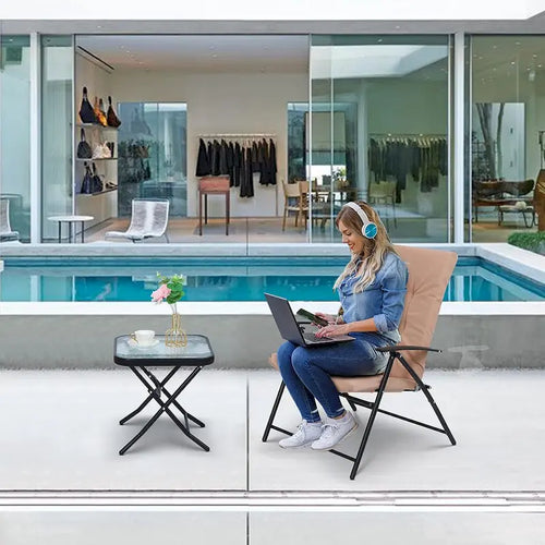 Ensemble de salle à manger bistro pliant 3 pièces pour patio, comprenant 2 chaises inclinables pliantes avec coussin et 1 table pliante en verre