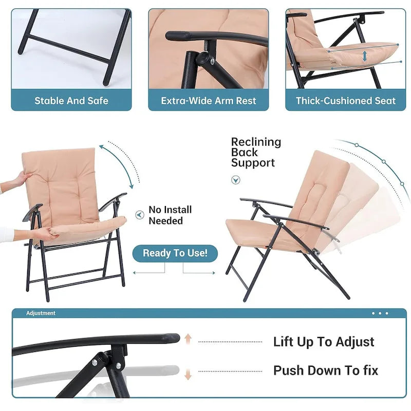 Ensemble de salle à manger bistro pliant 3 pièces pour patio, comprenant 2 chaises inclinables pliantes avec coussin et 1 table pliante en verre