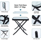 Ensemble de salle à manger bistro pliant 3 pièces pour patio, comprenant 2 chaises inclinables pliantes avec coussin et 1 table pliante en verre