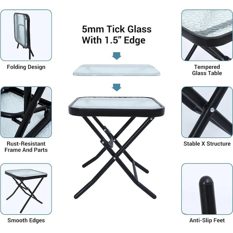 Ensemble de salle à manger bistro pliant 3 pièces pour patio, comprenant 2 chaises inclinables pliantes avec coussin et 1 table pliante en verre