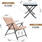 Ensemble de salle à manger bistro pliant 3 pièces pour patio, comprenant 2 chaises inclinables pliantes avec coussin et 1 table pliante en verre