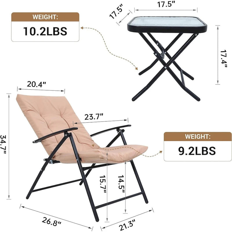 Ensemble de salle à manger bistro pliant 3 pièces pour patio, comprenant 2 chaises inclinables pliantes avec coussin et 1 table pliante en verre