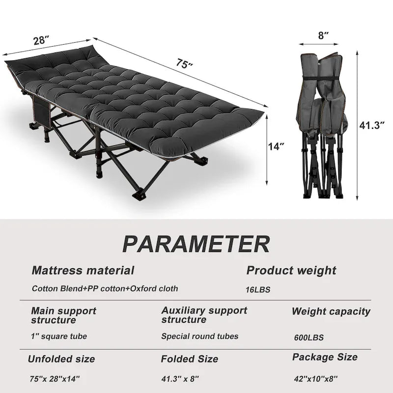 Lit de camp pliant portable DoCred avec matelas latéral double, 272 kg