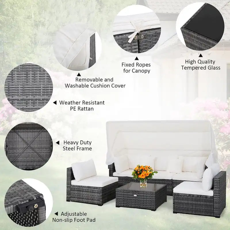 Ensemble de mobilier de patio 6 pièces avec auvent rétractable