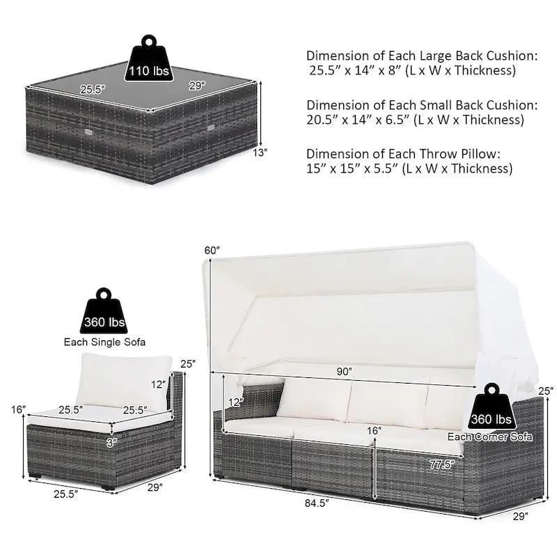 Ensemble de mobilier de patio 6 pièces avec auvent rétractable