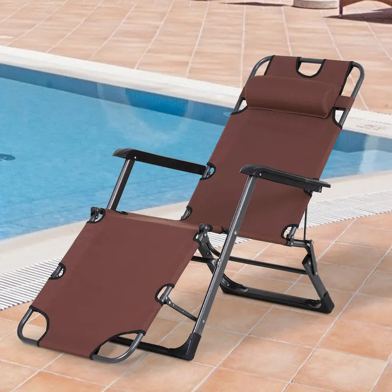 Outsunny 2-in-1 Patio Lounge Chair w/ Pillow, Outdoor Folding Sun Lounger Reclining to 120/180, Oxford Fabric, Brown