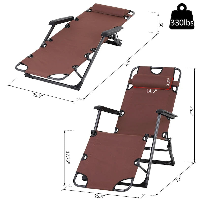 Chaise longue de patio 2 en 1 Outsunny avec coussin, transat pliant d'extérieur inclinable à 120/180°, tissu Oxford, marron