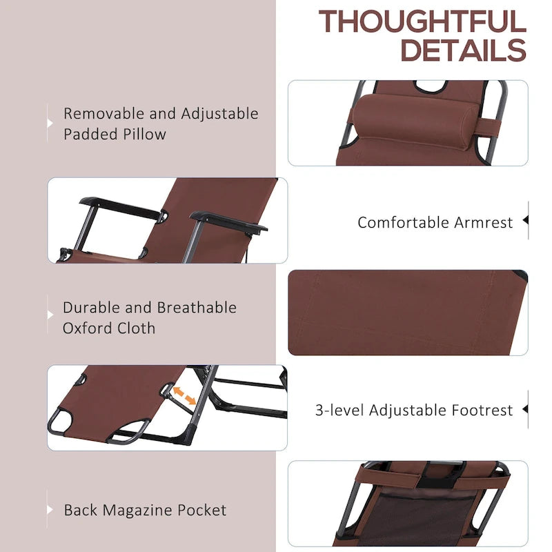 Chaise longue de patio 2 en 1 Outsunny avec coussin, transat pliant d'extérieur inclinable à 120/180°, tissu Oxford, marron