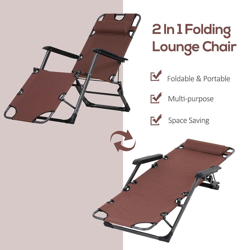 Chaise longue de patio 2 en 1 Outsunny avec coussin, transat pliant d'extérieur inclinable à 120/180°, tissu Oxford, marron