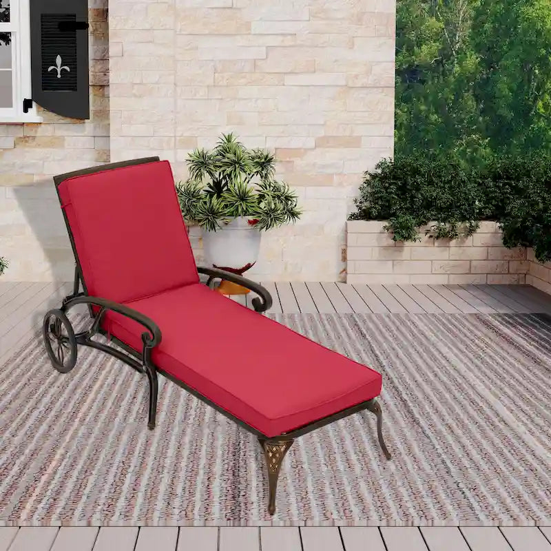 Chaise longue de patio pliante et inclinable Clihome en aluminium moulé avec coussin rouge