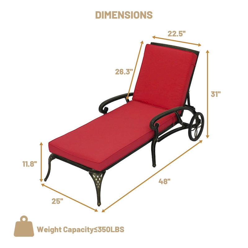 Chaise longue de patio pliante et inclinable Clihome en aluminium moulé avec coussin rouge