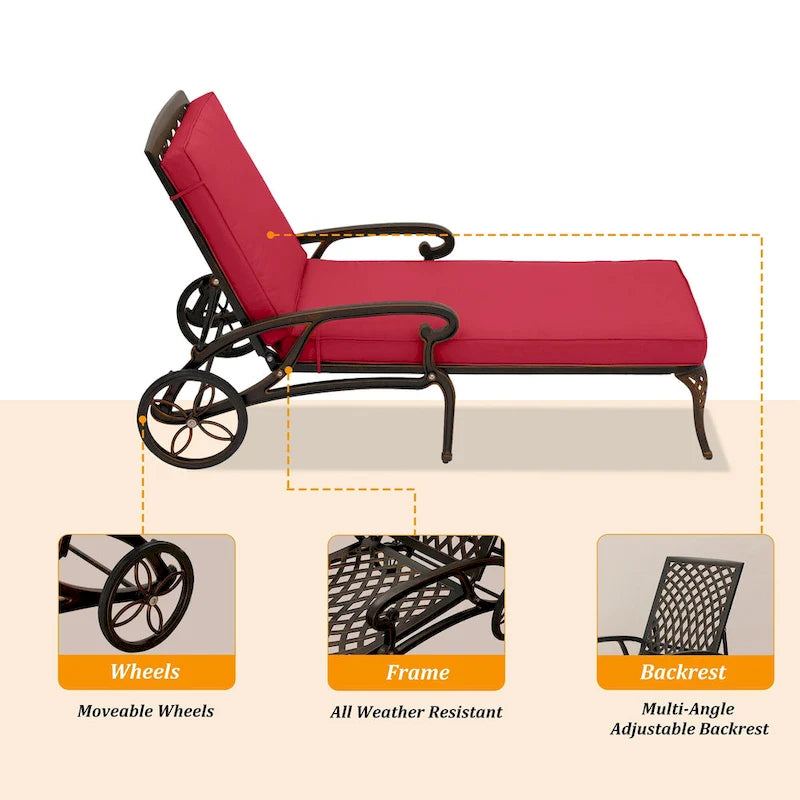 Chaise longue de patio pliante et inclinable Clihome en aluminium moulé avec coussin rouge