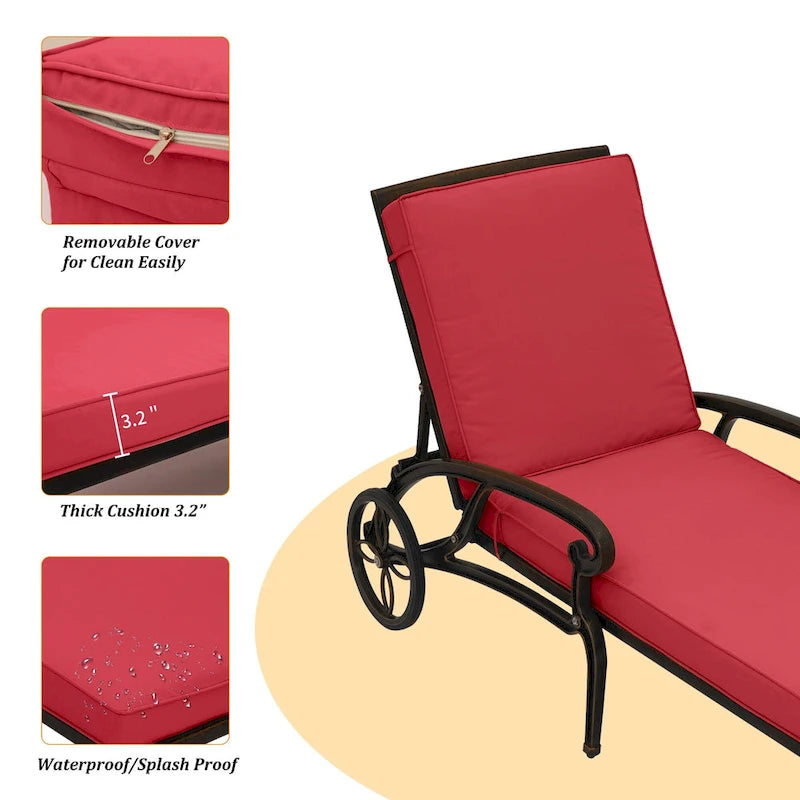 Chaise longue de patio pliante et inclinable Clihome en aluminium moulé avec coussin rouge