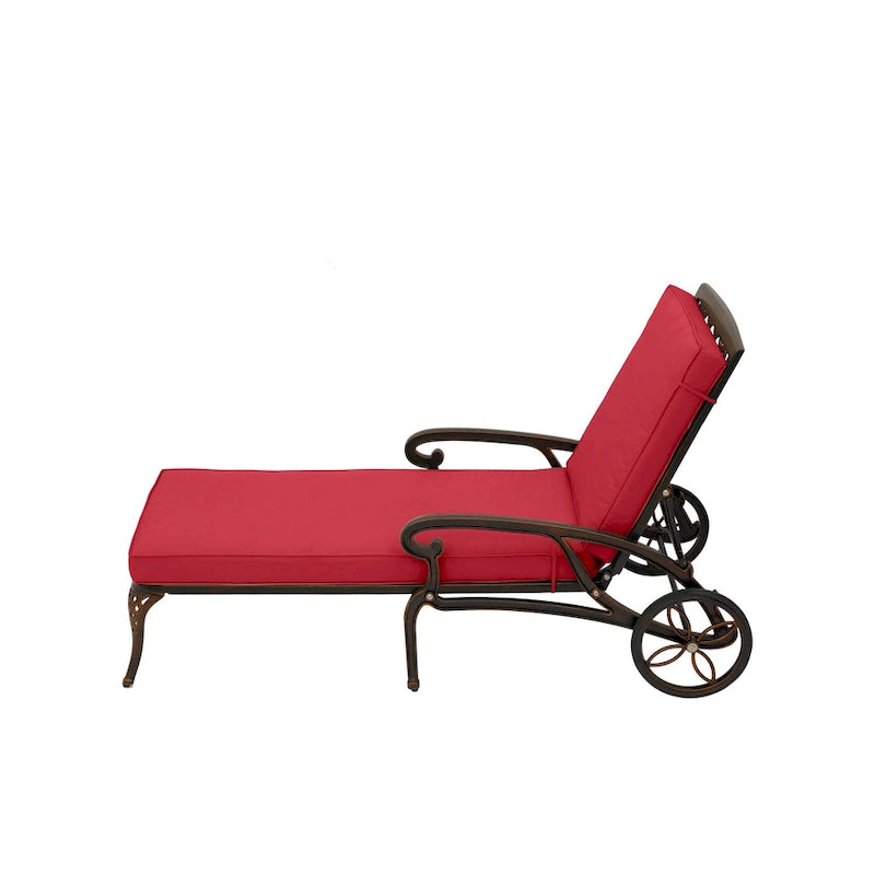 Chaise longue de patio pliante et inclinable Clihome en aluminium moulé avec coussin rouge