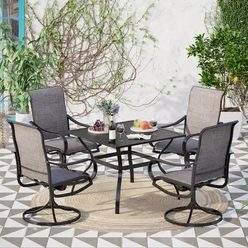 Ensemble de salle à manger d'extérieur MAISONARTS 5 pièces, comprenant 4 chaises pivotantes à dossier ajouré et une table carrée en métal de 94 cm avec trou pour parasol de 4 cm.