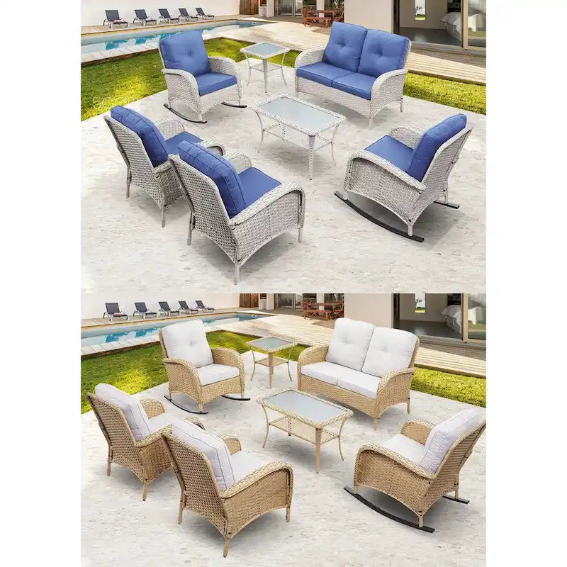Ensemble de meubles d'extérieur Gymojoy 7 pièces comprenant un canapé deux places, une table basse et un fauteuil à bascule.