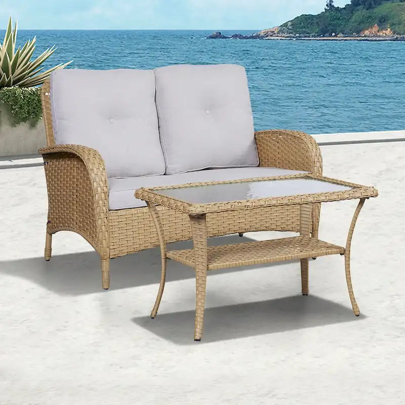 Ensemble de meubles d'extérieur Gymojoy 7 pièces comprenant un canapé deux places, une table basse et un fauteuil à bascule.