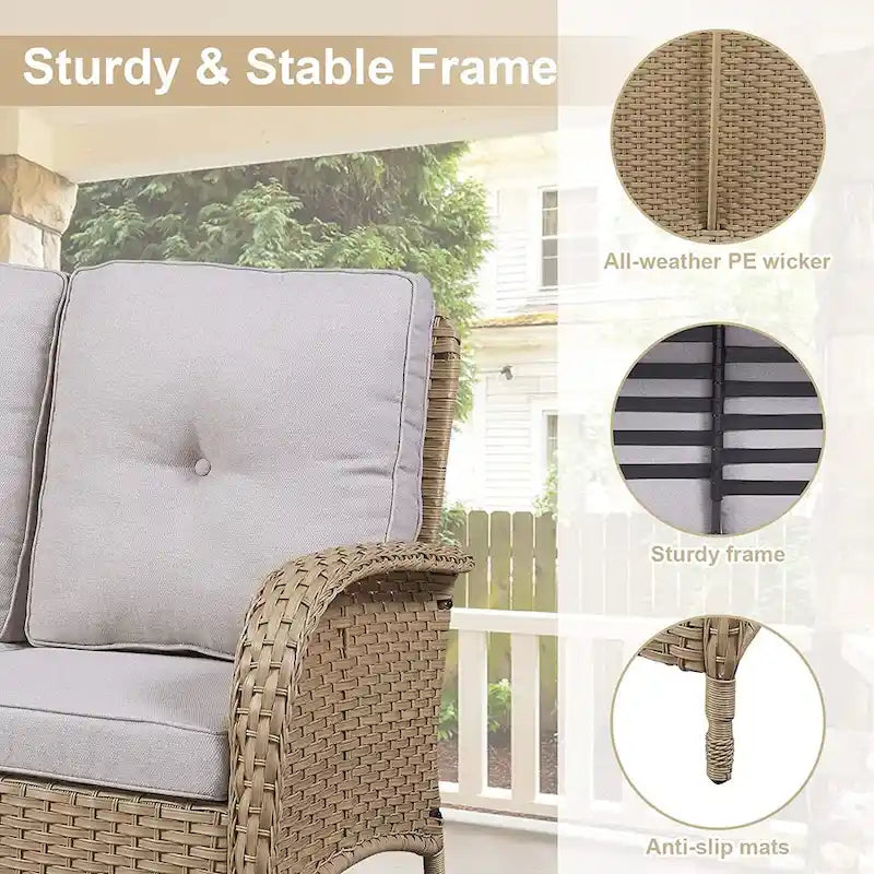Ensemble de meubles d'extérieur Gymojoy 7 pièces comprenant un canapé deux places, une table basse et un fauteuil à bascule.