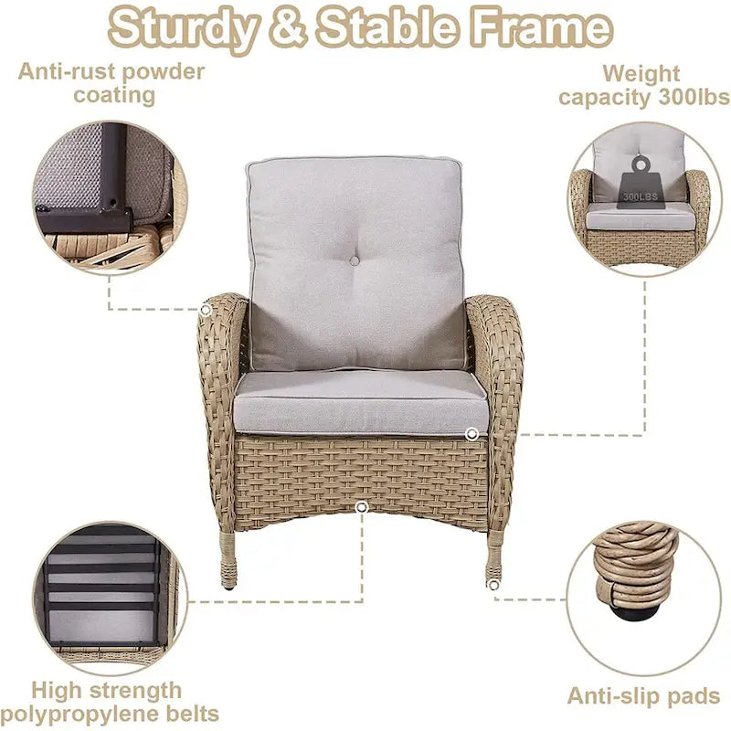 Ensemble de meubles d'extérieur Gymojoy 7 pièces comprenant un canapé deux places, une table basse et un fauteuil à bascule.