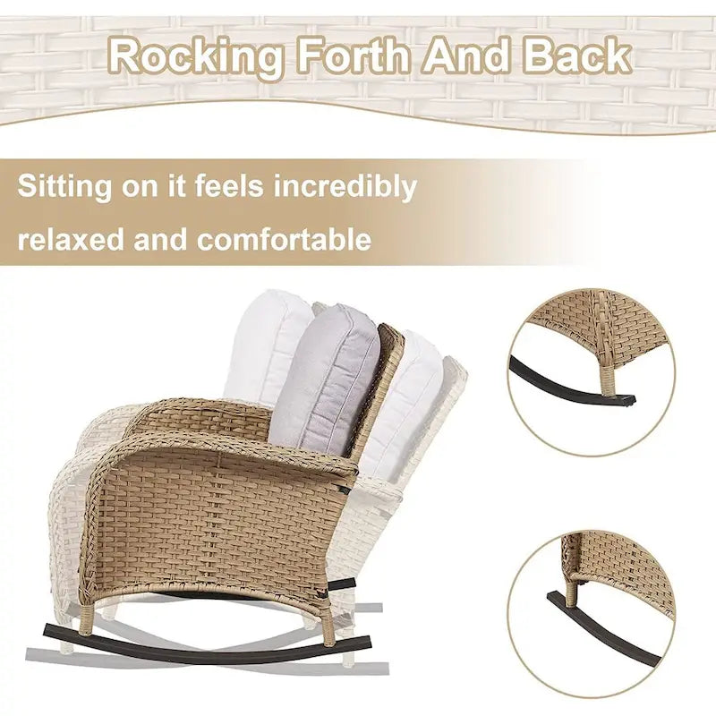 Ensemble de meubles d'extérieur Gymojoy 7 pièces comprenant un canapé deux places, une table basse et un fauteuil à bascule.