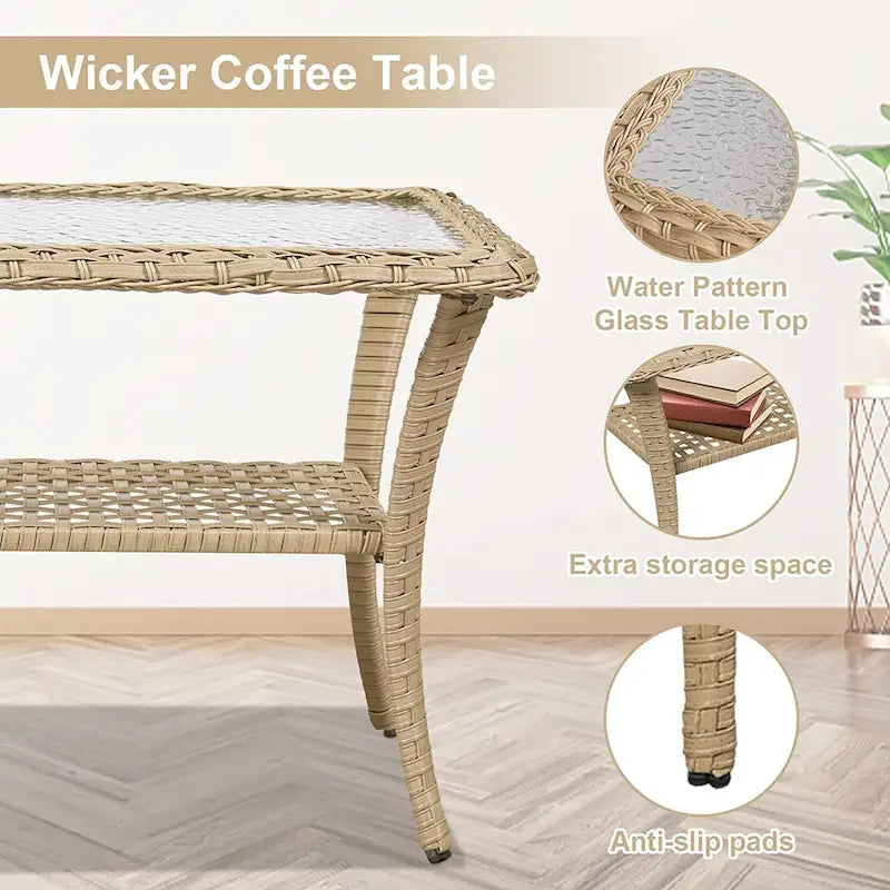 Ensemble de meubles d'extérieur Gymojoy 7 pièces comprenant un canapé deux places, une table basse et un fauteuil à bascule.