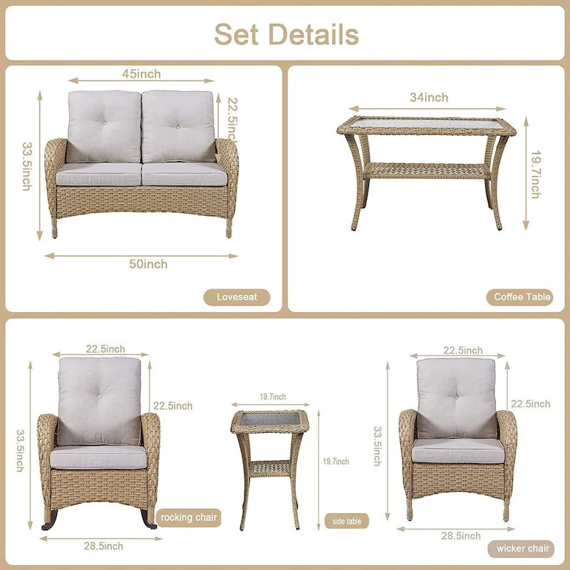 Ensemble de meubles d'extérieur Gymojoy 7 pièces comprenant un canapé deux places, une table basse et un fauteuil à bascule.