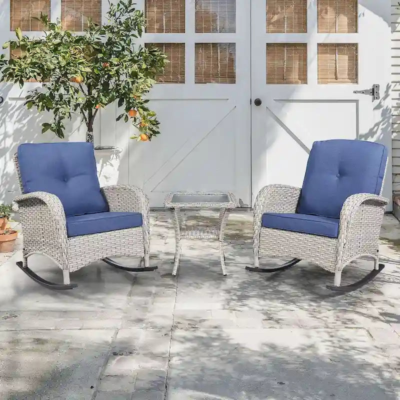Ensemble de meubles d'extérieur Gymojoy 7 pièces comprenant un canapé deux places, une table basse et un fauteuil à bascule.