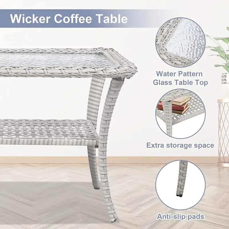 Ensemble de meubles d'extérieur Gymojoy 7 pièces comprenant un canapé deux places, une table basse et un fauteuil à bascule.