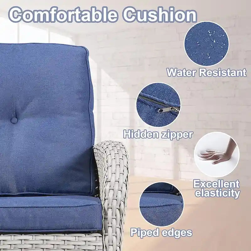 Ensemble de meubles d'extérieur Gymojoy 7 pièces comprenant un canapé deux places, une table basse et un fauteuil à bascule.