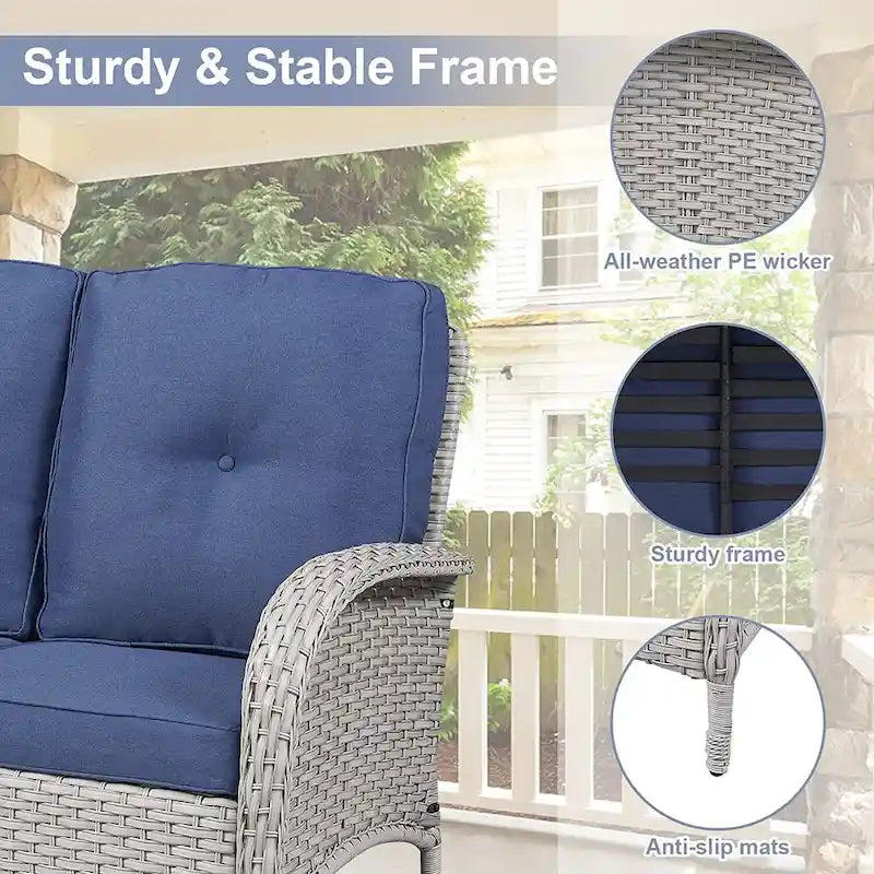 Ensemble de meubles d'extérieur Gymojoy 7 pièces comprenant un canapé deux places, une table basse et un fauteuil à bascule.