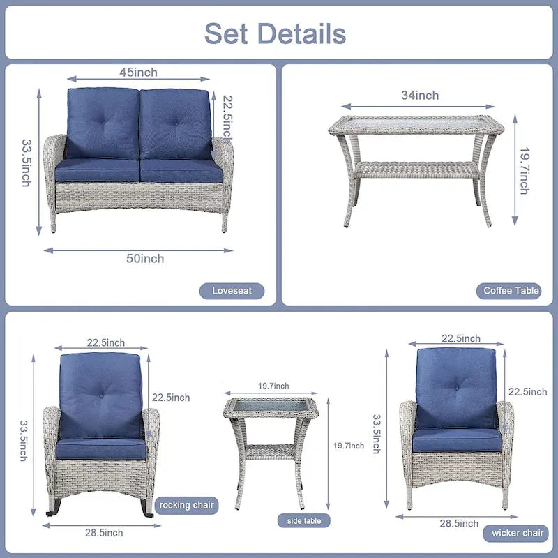Ensemble de meubles d'extérieur Gymojoy 7 pièces comprenant un canapé deux places, une table basse et un fauteuil à bascule.