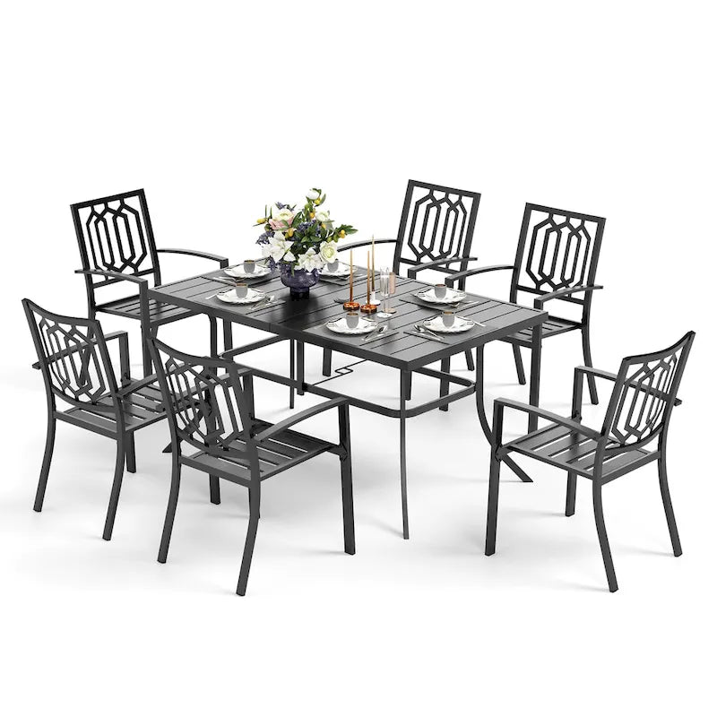 Ensemble de salle à manger d'extérieur MAISON ARTS 7 pièces : table rectangulaire en métal avec trou pour parasol de 6,6 cm et 6 chaises de salle à manger en métal, noir