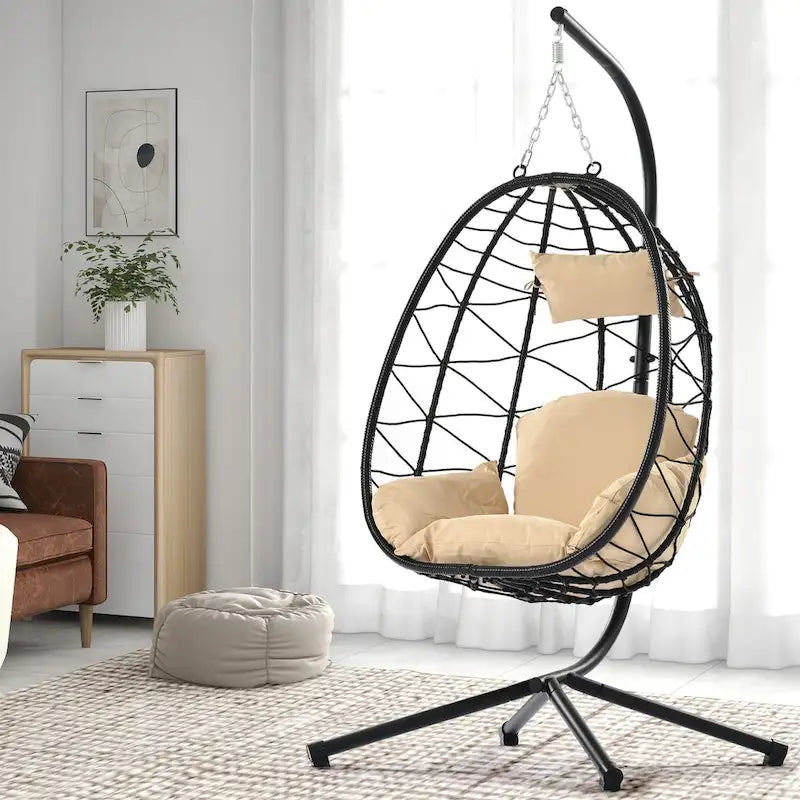 Fauteuil suspendu œuf, hamac, coussin, support en acier - 77 cm de hauteur