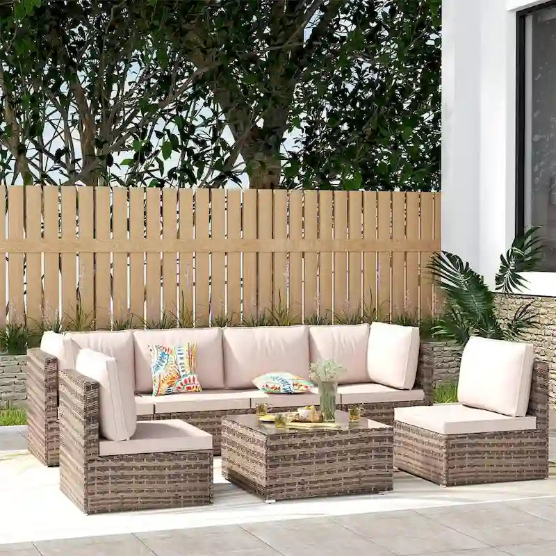 Ensemble de canapé de conversation 7 pièces en résine tressée pour extérieur avec coussins
