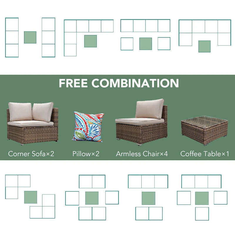 Ensemble de canapé de conversation 7 pièces en résine tressée pour extérieur avec coussins
