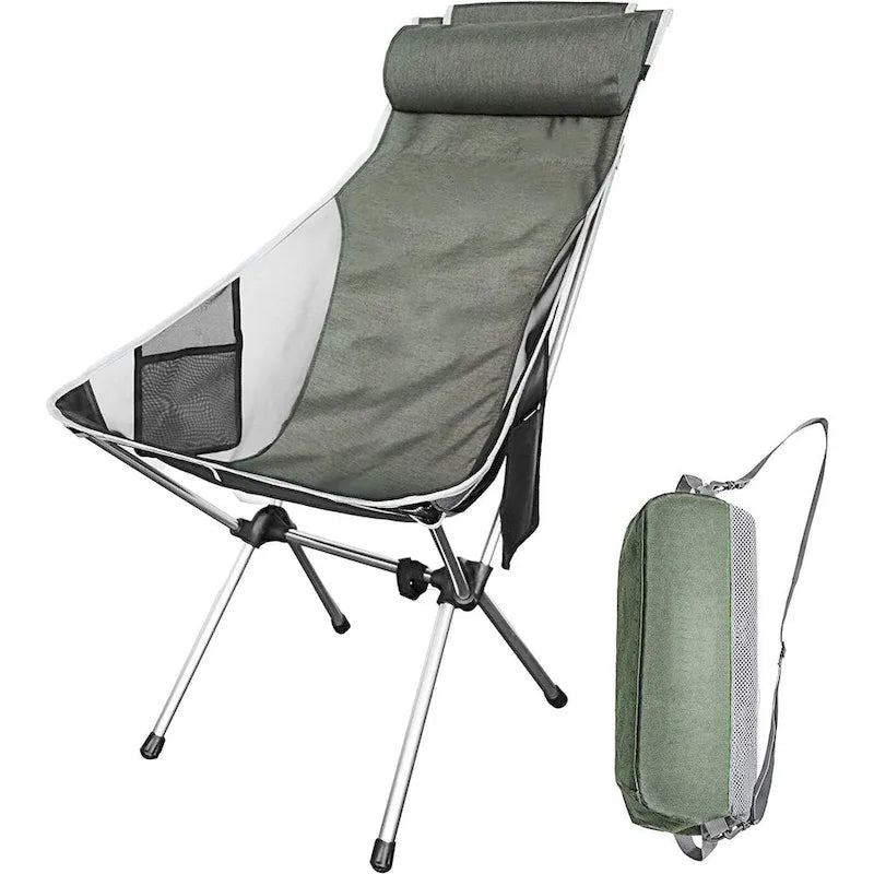 Chaise de camping, chaise pliable à dossier haut, compacte et robuste avec oreiller appui-tête, idéale pour les activités de plein air, la randonnée et les voyages.
