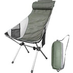 Chaise de camping, chaise pliable à dossier haut, compacte et robuste avec oreiller appui-tête, idéale pour les activités de plein air, la randonnée et les voyages.