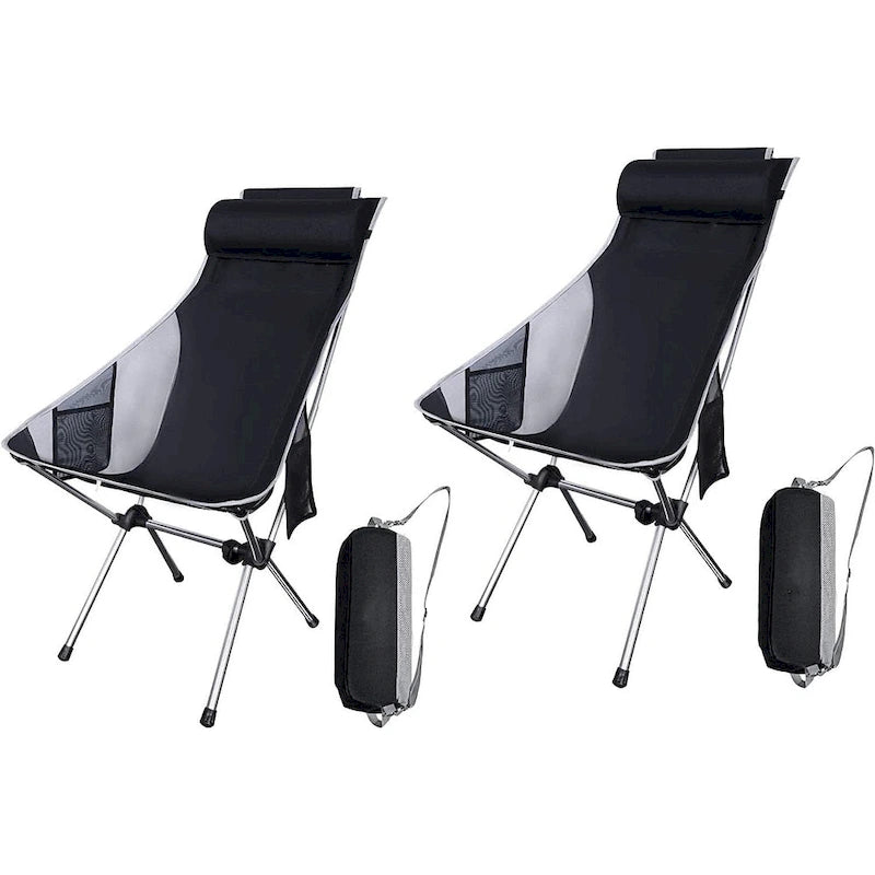 Chaise de camping, chaise pliable à dossier haut, compacte et robuste avec oreiller appui-tête, idéale pour les activités de plein air, la randonnée et les voyages.