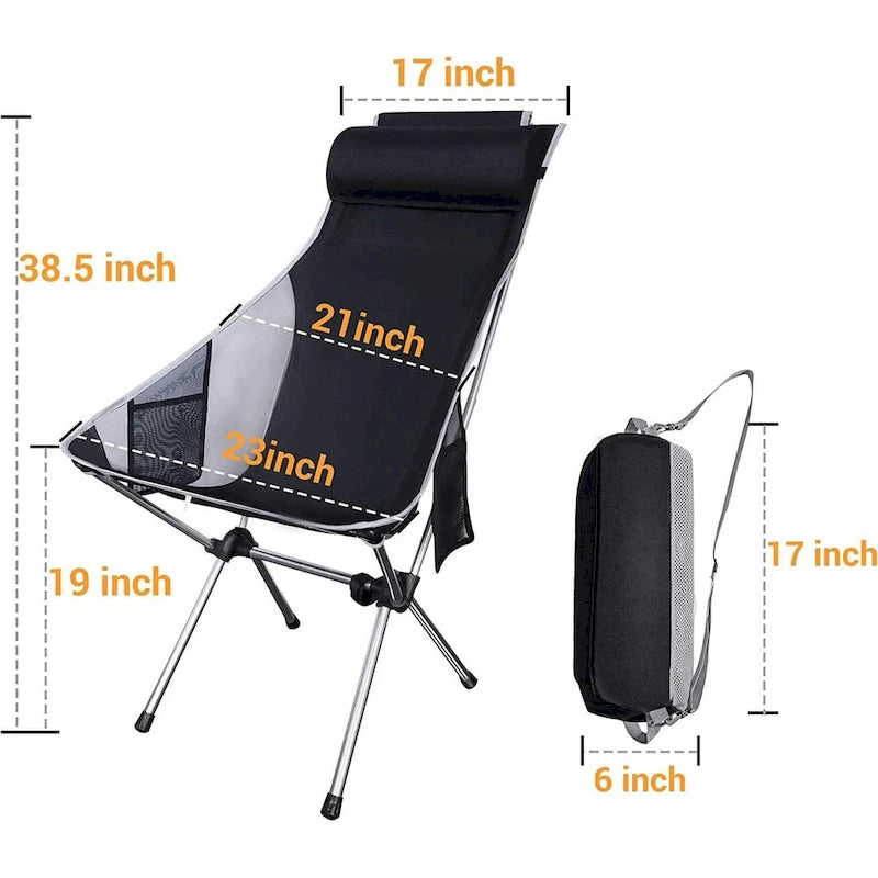 Chaise de camping, chaise pliable à dossier haut, compacte et robuste avec oreiller appui-tête, idéale pour les activités de plein air, la randonnée et les voyages.