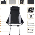 Chaise de camping, chaise pliable à dossier haut, compacte et robuste avec oreiller appui-tête, idéale pour les activités de plein air, la randonnée et les voyages.