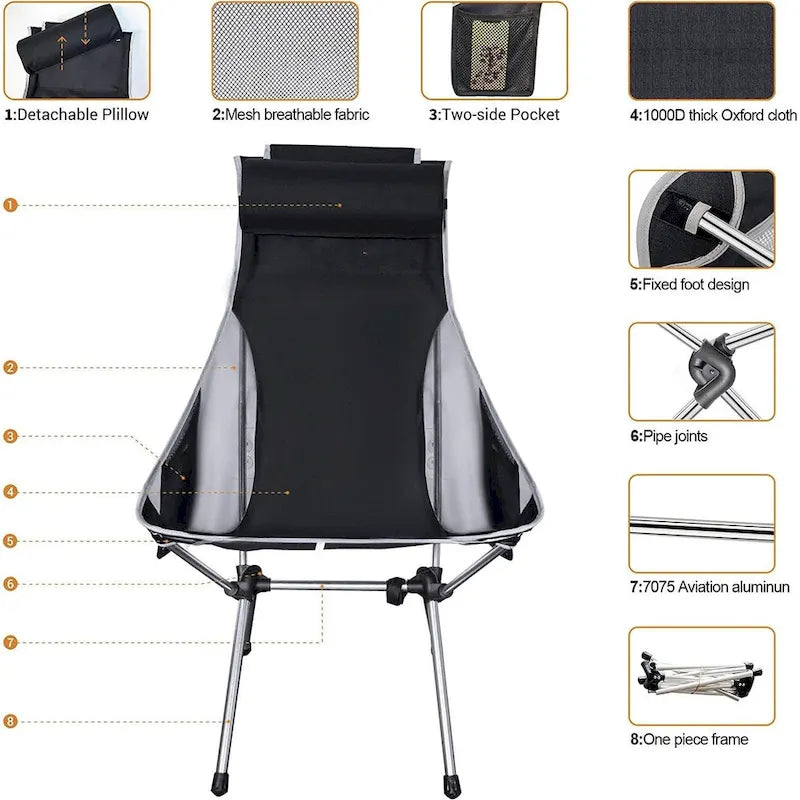 Chaise de camping, chaise pliable à dossier haut, compacte et robuste avec oreiller appui-tête, idéale pour les activités de plein air, la randonnée et les voyages.