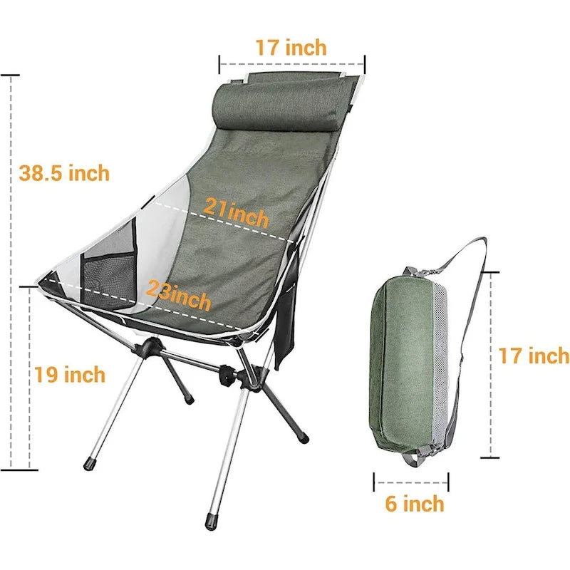 Chaise de camping, chaise pliable à dossier haut, compacte et robuste avec oreiller appui-tête, idéale pour les activités de plein air, la randonnée et les voyages.
