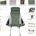 Chaise de camping, chaise pliable à dossier haut, compacte et robuste avec oreiller appui-tête, idéale pour les activités de plein air, la randonnée et les voyages.